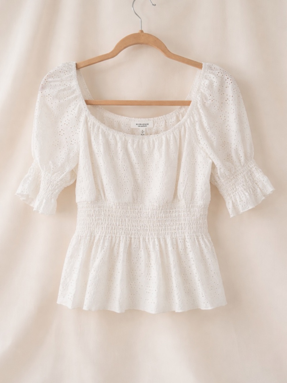 KIRIOUS Los Angeles Eyelet Smocked Peplum Blouse | Size L - Picture 2 of 6